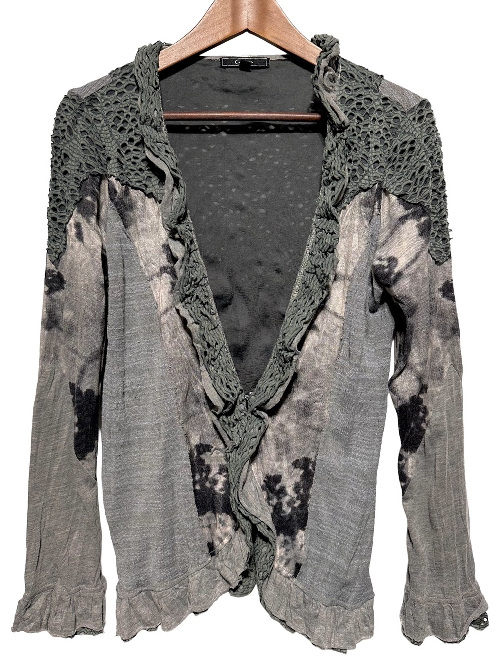 Cativa Boho Open Front Crochet Lace Ruffle Cardigan Floral Gray L Artsy